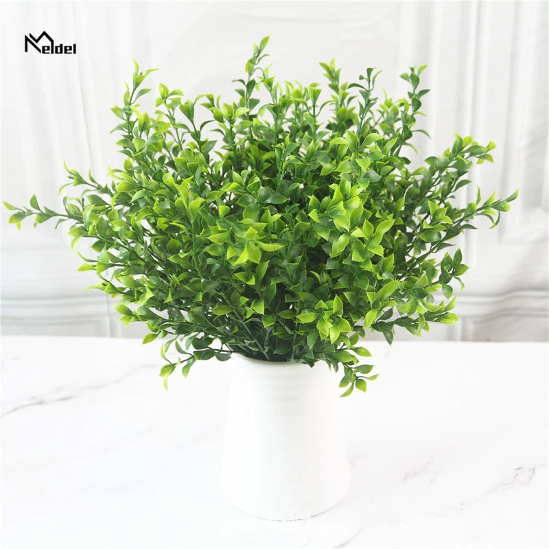 Meldel Mini 7 Forks Green Plant Artificial Flowers Eucalyptus Plastic Money Leaves Fake Grass Bush DIY Home Garden Decoration