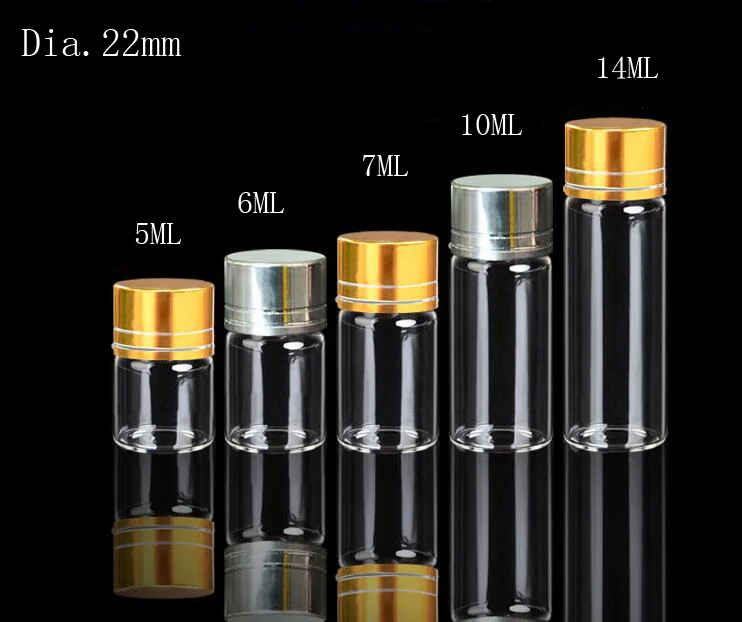 100pcs/lot Dia.22mm 5/6/7/10/14ml Transparent Glass Crafts Bottles Screw Cap Silver Aluminum Lid Empty Glass Jars Vials Bottles