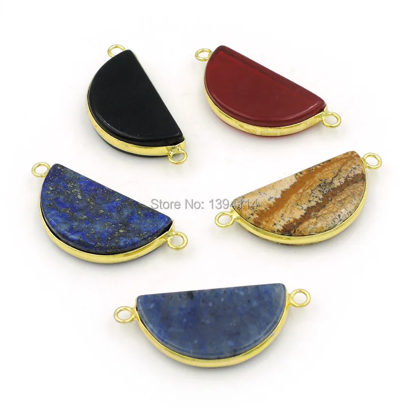 Mixed Stones Slice Semicircle Connector With Wrapping Copper Frame Of Plating Gold Approx 30*15*3mm