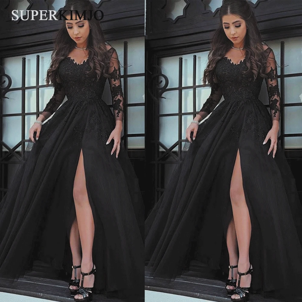 Superkimjo Hitam Prom Dresses 2020 Renda Bordiran Elegan V Leher Lengan Panjang Gaun Prom Gaun Vestido De Longo