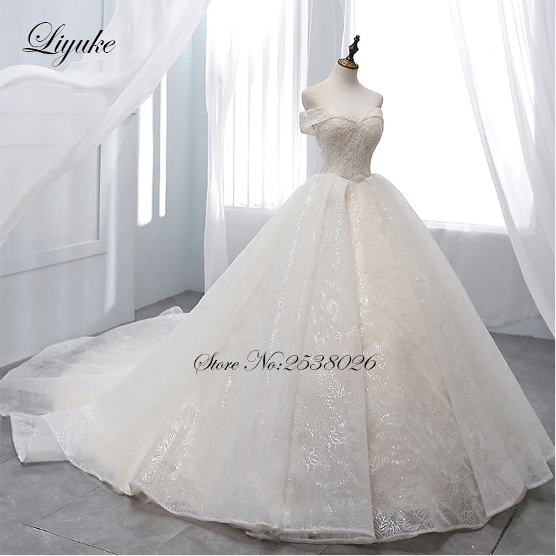 Liyuke Vintage Light Champagne Ball Gown Wedding Dress Sequin Organza Chapel Train Lace Up Bridal Dress Vestido de boda 2019