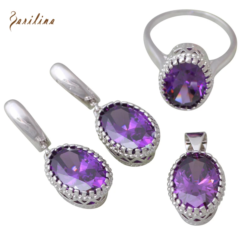 Purple Crystal Purple Cubic Zirconia Silver Color Pendants/Ring/Earrings Womens Jewelry Set Size 6 7 8 9 S271
