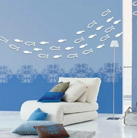 Free shipping fish and fish frame  wall mirror sticker,3D acrylic wall mirror sticker,8pc per set