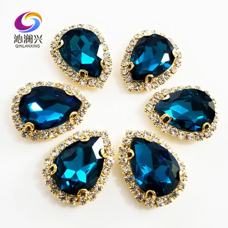 

Peacock blue Golden bottom Top grade Glass Crystal buckle,Drop shape sew on rhinestones,Diy wedding decoration 10pcs/pack SWSK13