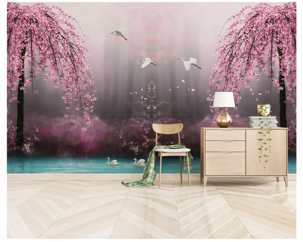 

beibehang Customized formaldehyde-free papel de parede 3d wallpaper beautiful dreamy pink cherry blossom landscape TV background