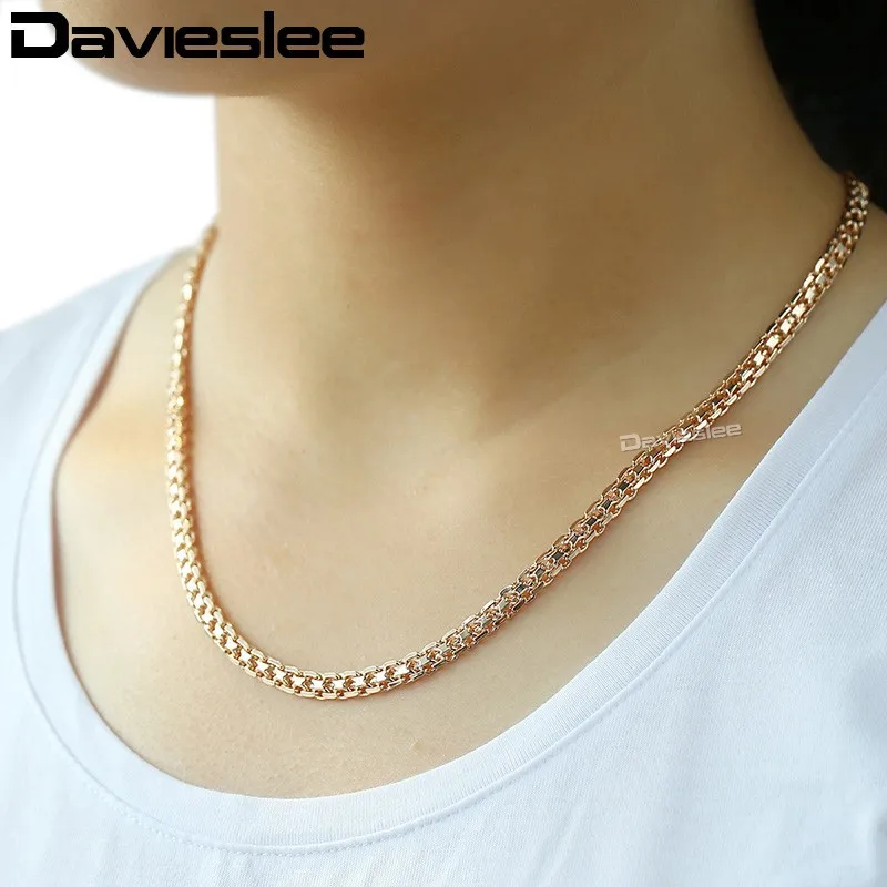 Davieslee 5mm Women\'s Necklace Bracelet Jewelry Set Braided Weaving Bismark Link 585 Rose Gold Color LGS275