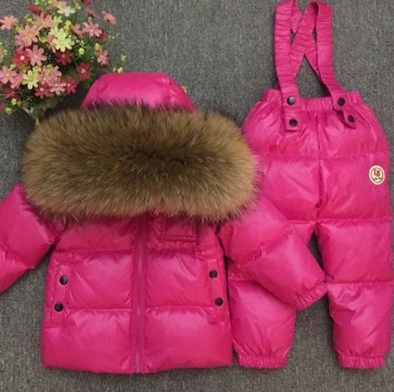 Winter Children\'s Sets Boy Girl Child\'s Baby Thick Down Jacket  Animal Hair Full Collar Ski Suit Top and Trousers12m-9t