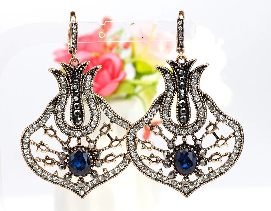 SUNSPICEMS Maroc Vintage Long Drop Earring For Women Ethnic Wedding Jewelry Turkish Antique Gold Color Rhinestone Drop Earring