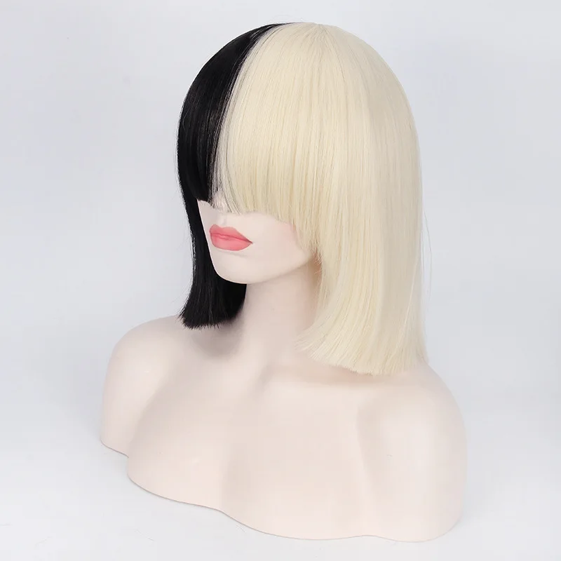 This is Acting SIA Anime Cosplay Wig Synthetic Hair Women Straight Halloween Half Blonde Black Short Bob Wigs With Bangs 35cm