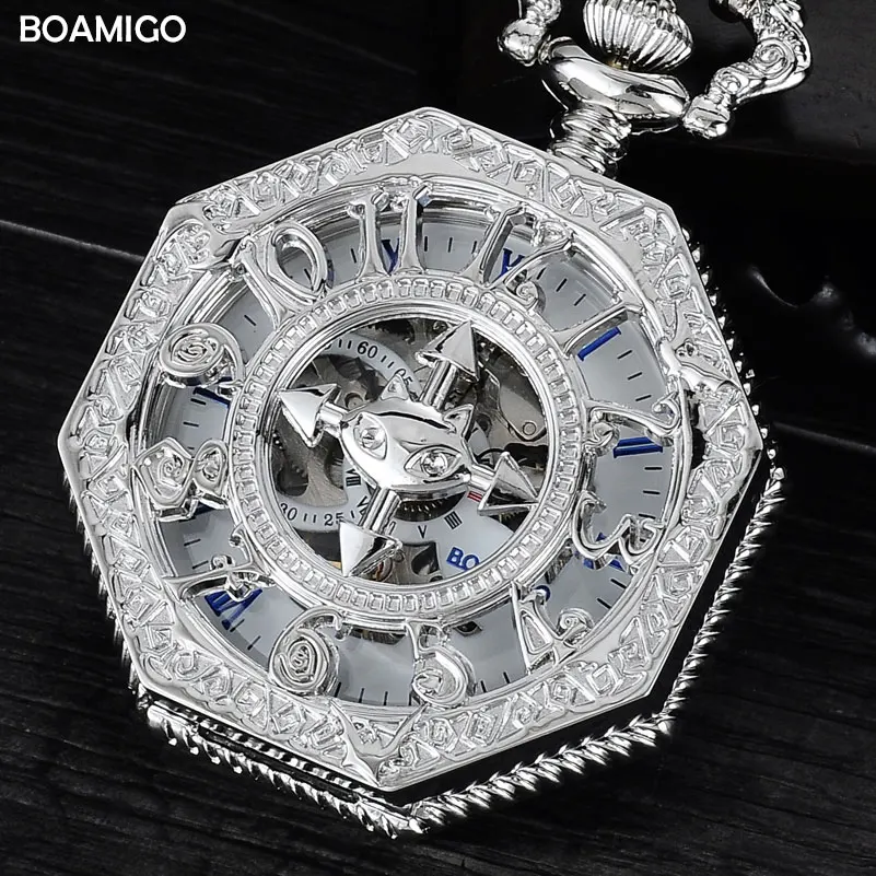 

FOB men pocket watches fashion mechanical watches BOAMIGO brand skeleton arbic number watch silver chain gift clock reloj hombre