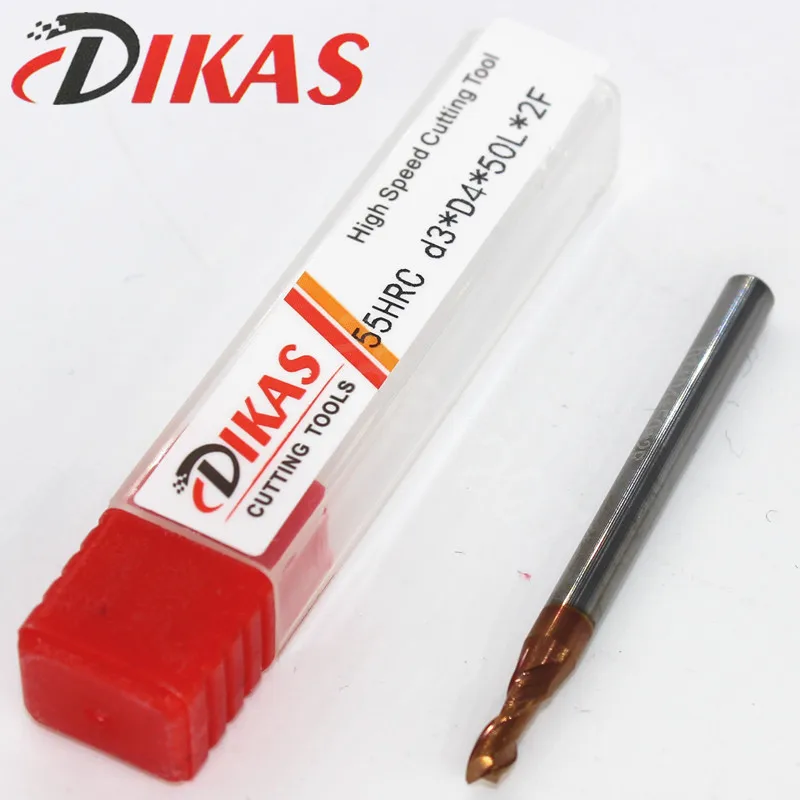 Dikas 55HRC d3 * D4 * 50L * 2F материал Карбид квадратная плоская Концевая фреза 2 Флейта 3 мм покрытие нано использование для высокоскоростного фрезерного станка