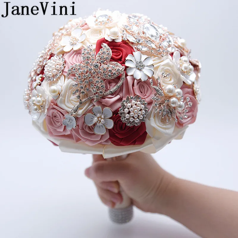 

JaneVini Shiny Crystals Rose Wedding Bouquet De Mariage Burgundy Pearls Jewelry Brides Satin Flowers Rhinestone Bridal Bouquets