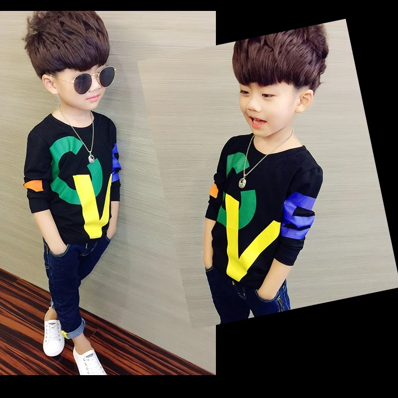 COOTELILI 90-150cm Black T-Shirt Children Tops Letter Kids Clothes Long Sleeve T Shirt Toddler Boys Spring Clothing Costume