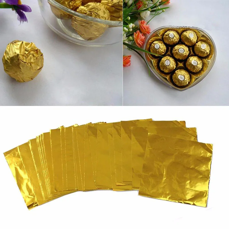 Gold Sweets Candy Package Foil Paper, Chocolate Lolly Foil Wrappers, Square for Gift Decoration, 20x20cm, 100Pcs