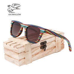 Skateboard Wooden Sunglasses Blue Frame With Coating Mirrored Bamboo Sunglasses UV 400 Protection Lenses In Wooden