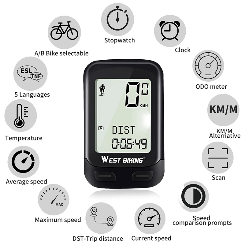 WEST BIKING Waterproof 5 Language Bike Computer Wireless Stopwatch MTB Road Bike Speedometer Cycling Odometer Bicycle Computer