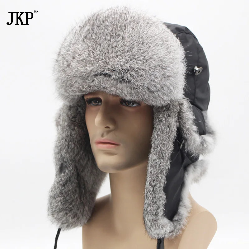 Winter fashion Bomber Trapper Hats Thick Winter Warm Rabbit Fur Hat Rex Thick Warm Snow Caps Ear Flap Caps  Russian  For Men