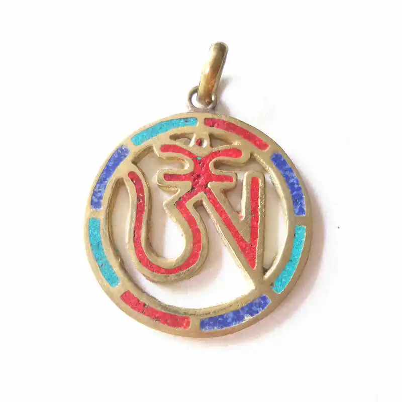 TBP268 Tibetan OM Mantras Amulet Pendants brass inlaid Colorful Stone