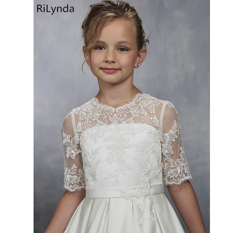 New Flower Girl Dresses for Weddings 2019 Sheer Neck Lace Ball Gown Little Girls First Communion Pageant Gowns