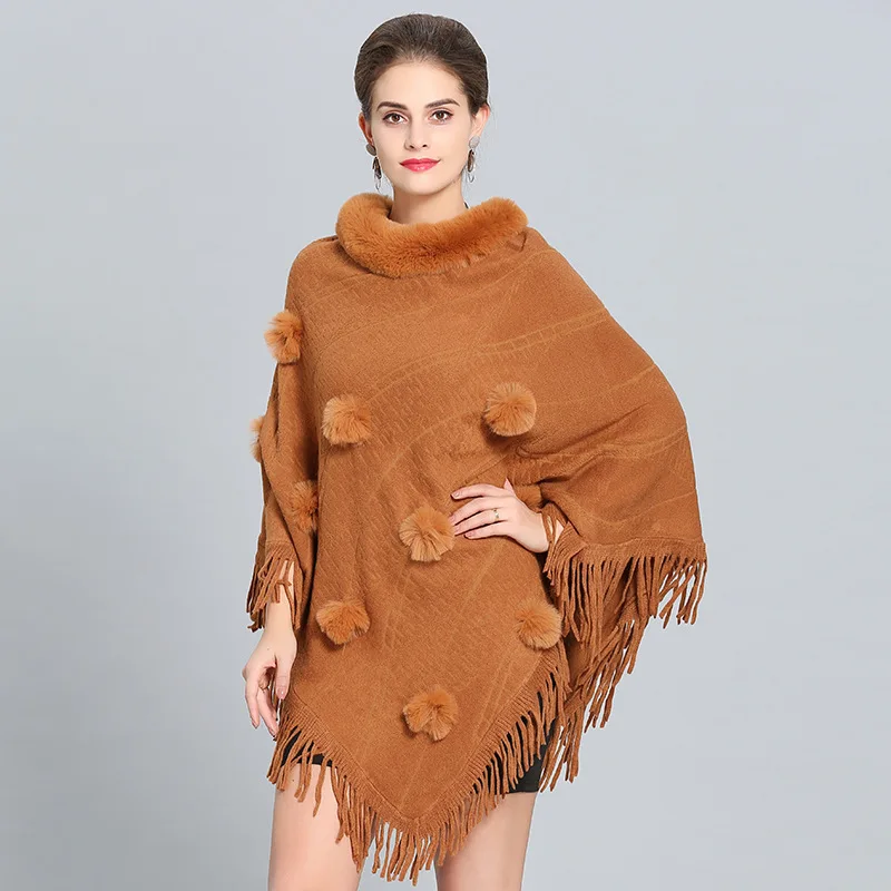 Khaki Women's Clothing Faux Fur Bat Sleeve Ponchos And Capes Round-Neck Knit Jacket Sweaters And Pullovers Faux Fur Coat Autumn