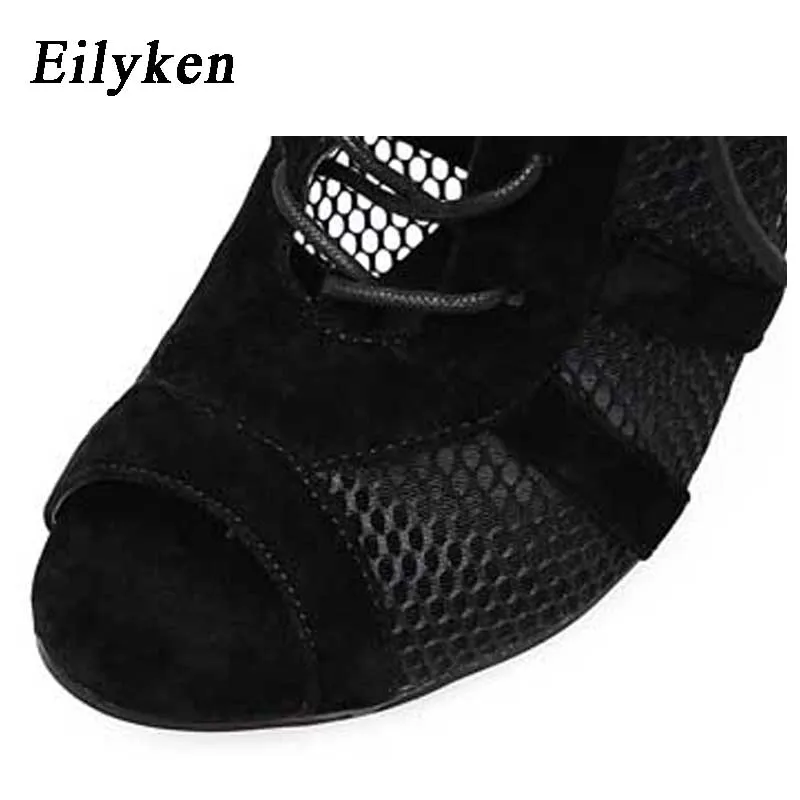 Eilyken sepatu bot hak tinggi seksi tali silang kain jaring hitam Fashion wanita sepatu pump Lace-up Peep Toe