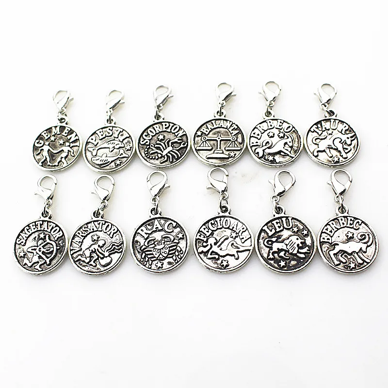 

24pcs Mix 12 Signs of the Zodiac Dangle Lobster Clasp Charms Macroporous Charm Diy Bracelet Jewelry Accessories Floating Charm