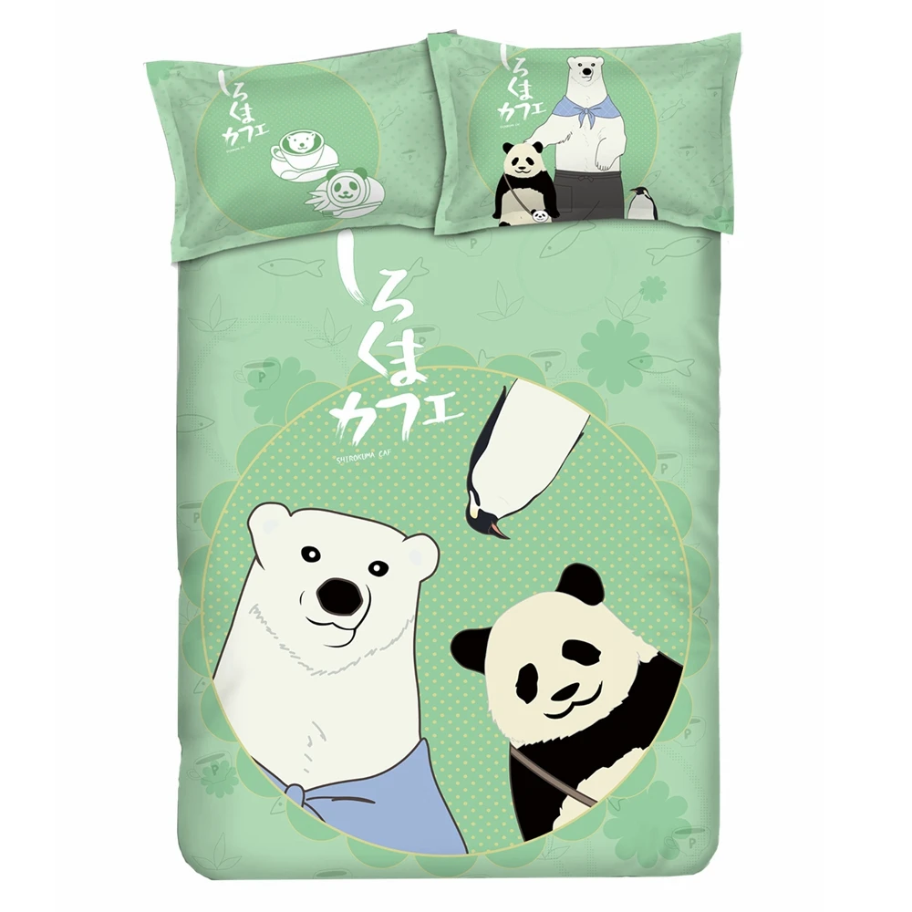 Anime JK Cartoon Shirokuma Cafe Panda Polar Bear Penguin Green Comforter Set Bed Flat Sheet Quilt Cover Pillowcase Bedding Sets