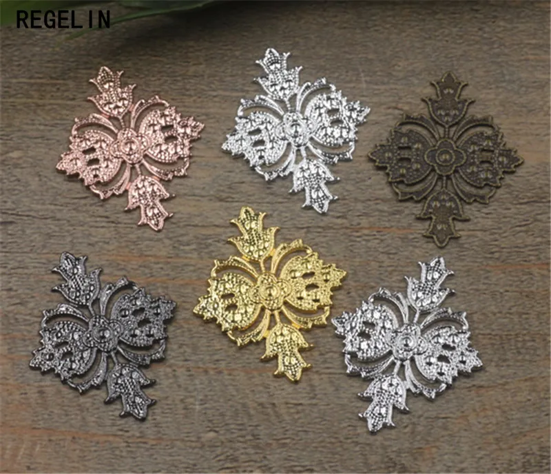 REGELIN Vintage Hollow Flower Motif Charms Silver Plated Flower Jewelry Findings 50pcs 23x30mm for DIY Retro Headwear Material