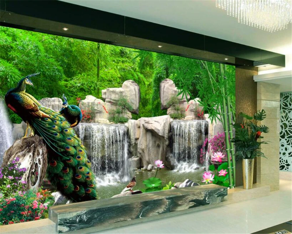 Beibehang Custom 3d wallpaper bamboo forest rockery peacock fresh TV backdrop living room bedroom mural photo walls wallpaper