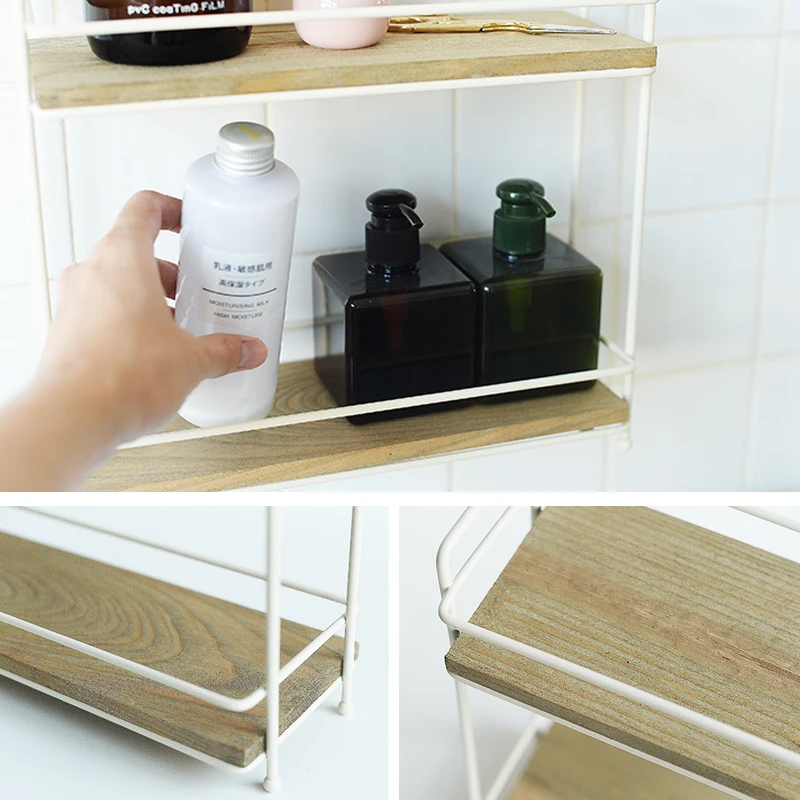 Simple wrought iron solid wood partition double shelf kitchen spice rack girl desktop debris two-tier storage rack 4