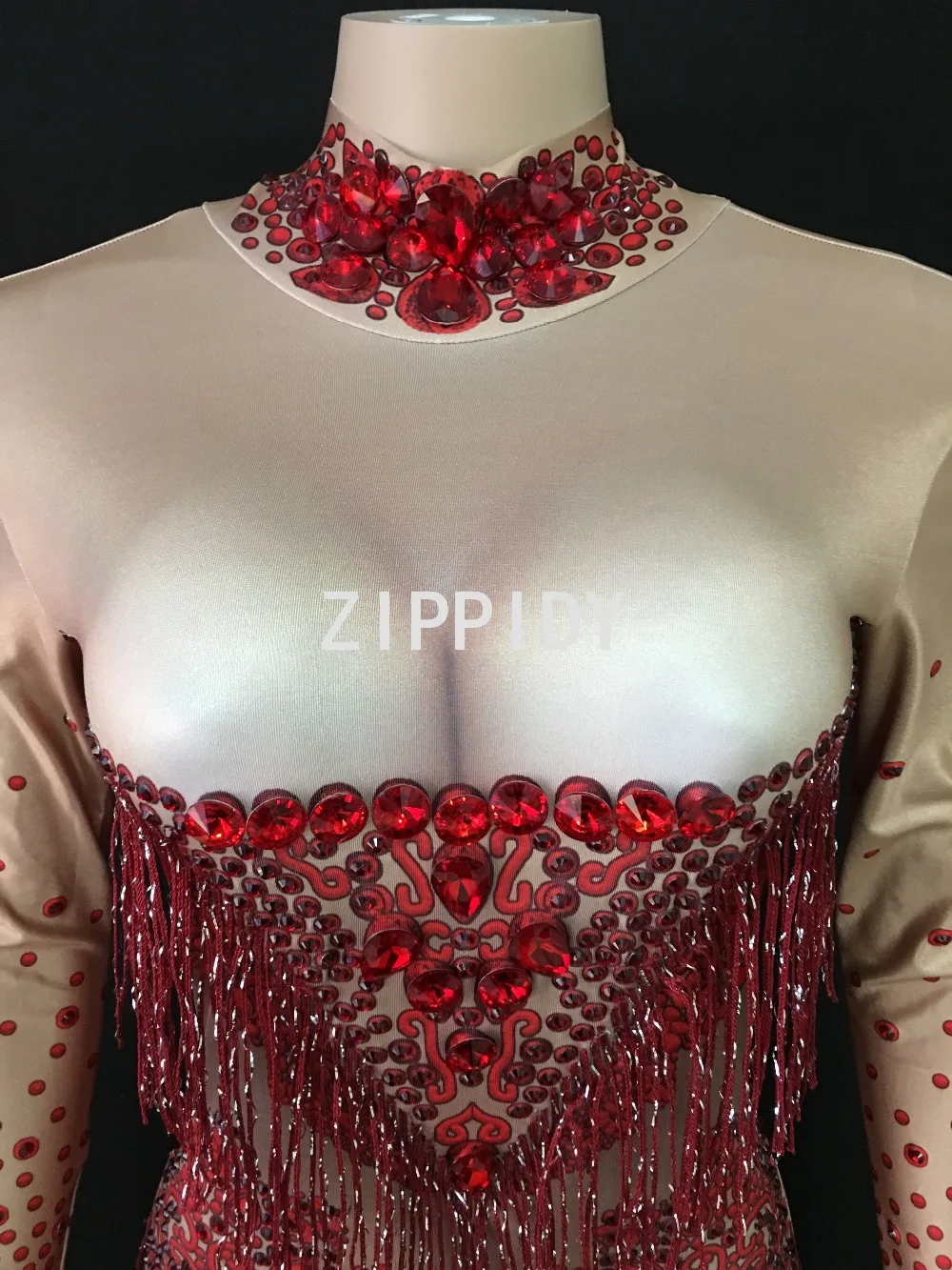 Mono de licra con borla de diamantes de imitación rojos brillantes para mujer, traje de cantante elástico grande, traje de baile, celebración de