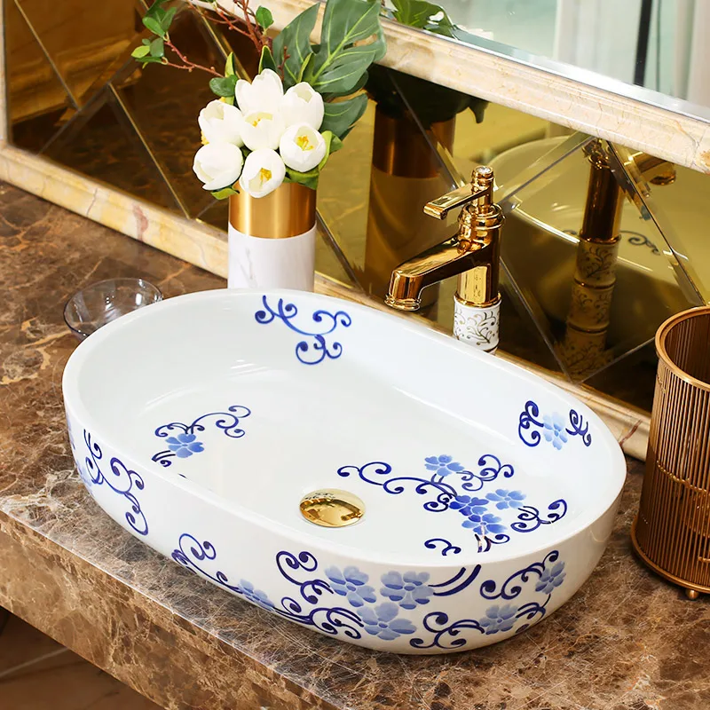 Europe Style Handmade Countertop Ceramic wash basin Bathroom Basin Bathroom Sink porcelain ceramic washbasin blue and white oval