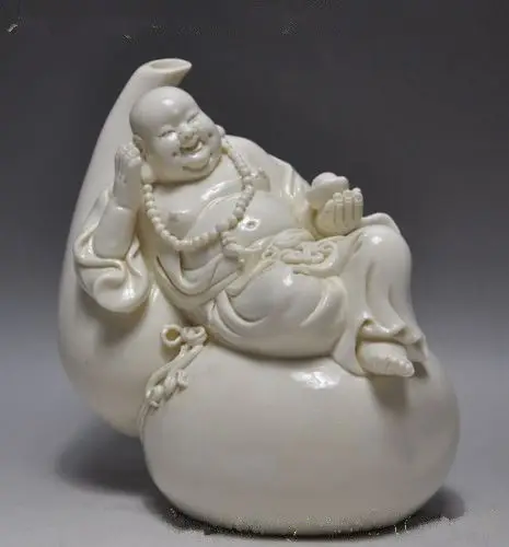 6.5inch / Elaborate Chinese Dehua white porcelain happy smiling Buddha laying on the gourd statue