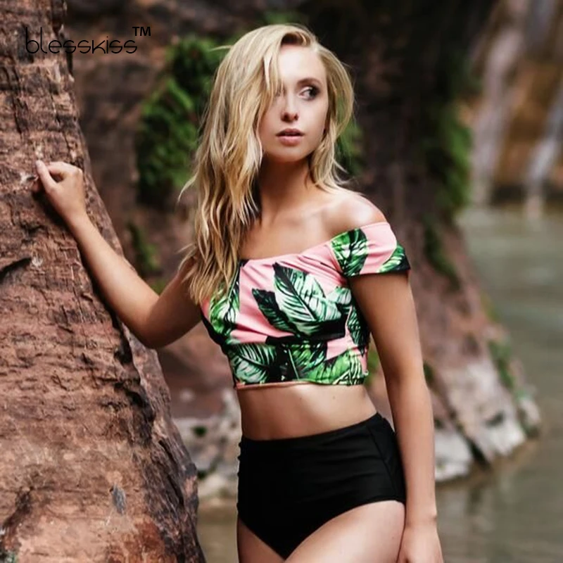 Crop Top High Waist Bikini 2023 Women Swimwear Push Up Printed Padded Off The Shoulder Brazilian Swimsuit Bathing Suit Swim Wear