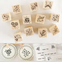 12Pcs Flowers Floral Wood Stamps DIY Wooden Rubber Stamp Rose Flower Letters Diary Craft Card Stamps Set for Scrapbooking