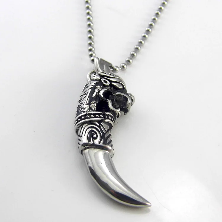 Men\' Jewelry Antique Silver Color Tribal Stark Wolf Fang Tooth Pendant Necklace Vintage Wolf Dragon Titanium Pendant Necklace