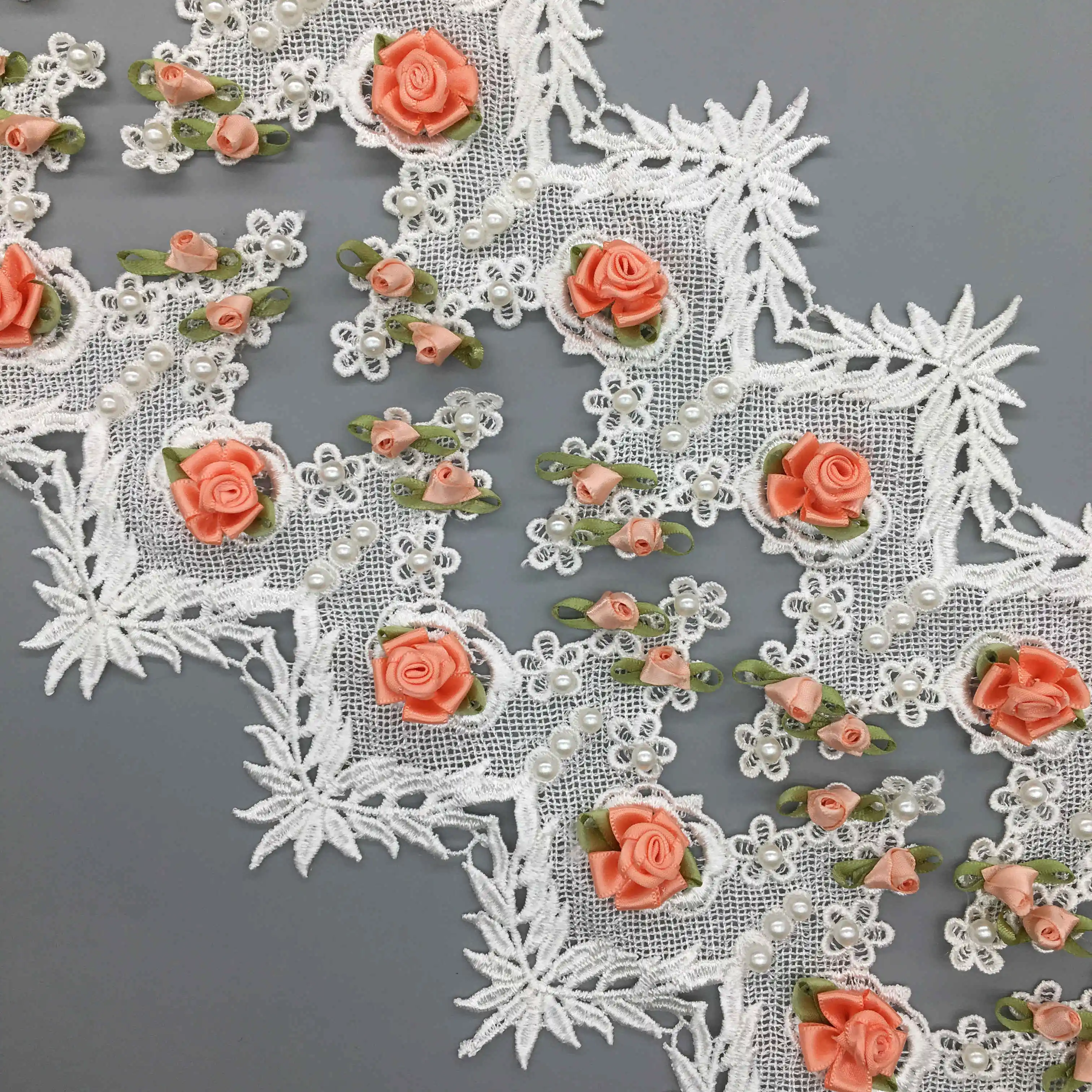 1 Yard Latest Pearl Rose Flower Net Embroidered Lace Trim Nigerian Fabric Ribbon Wedding Dress Garment Handmade DIY Sewing Craft