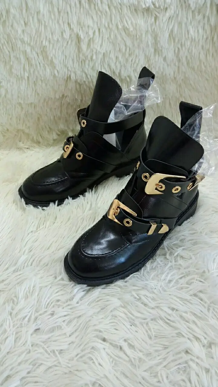 Spring cut-out leather ankle boots gold sliver buckles hardware boot punk shoes classic Biker boots round toe motorcycle boots