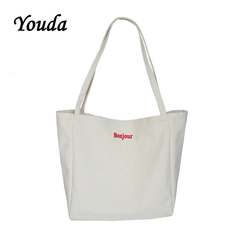 Youda Women Canvas Totes Simple Letter Printing Handbags Shoulder Bag Large Capacity Portable Shopping Bags for Lady Girls