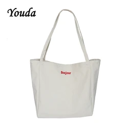 Youda Women Canvas Totes Simple Letter Printing Handbags Shoulder Bag Large Capacity Portable Shopping Bags for Lady Girls