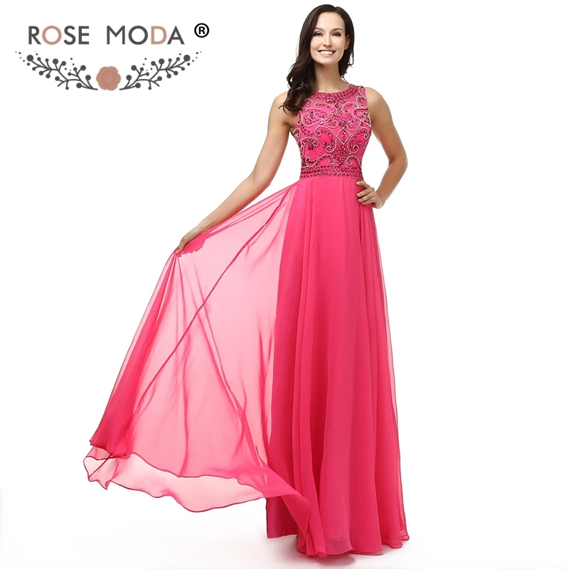 Rose Moda Pha Lê Đính Cườm Nóng Hồng Buổi Tối Ăn Mặc Cao Cổ Không Tay Tầng Chiều Dài Trang Phục Chính Thức Đảng Dress Cut Out Lại 2019