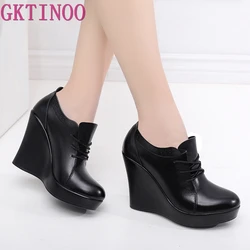 GKTINOO Lace Up Wedges Shoes for Women 2024 Autumn Platform Pumps Woman High Heels Black Office Shoes Ladies Plus Size 33-41