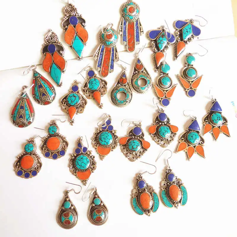 E007 Indian Vintage Hand Earring Pair Lovely for Girls Many Designs Copper Inlay Colorful Stone