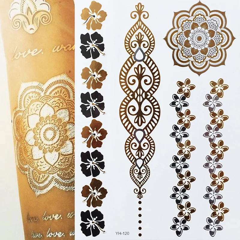 Flash Metallic wasserdicht Tattoo Gold Silber Frauen Mode Henna/Pfauenfeder Design temporäre Tattoo Stick Paster