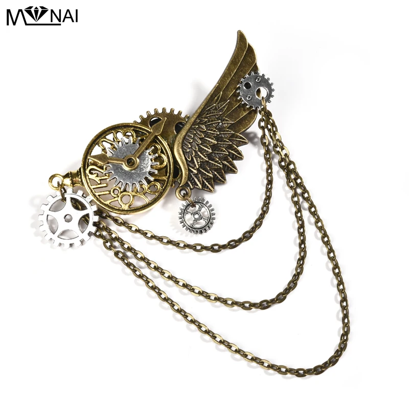 Steam Punk Man Women Wings Pin Brooch Gears Chains Hair-clip Retro Vintage Hairpin Cogs Gothic Accessories