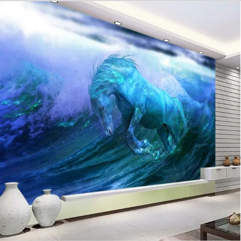 

wellyu Custom large fresco 3D shocked the ocean ran out of God horse TV backdrop super green wallpaper papel de parede