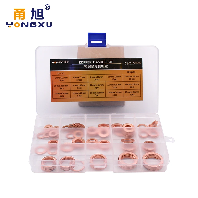 100PC 15Sizes DIN7603 M6 M8 M9 M10 M12 M14 M16 M18 M20 T3 O Ring Gasket Seal Ring Copper Washer Boat Crush Washer Set Kit Flat