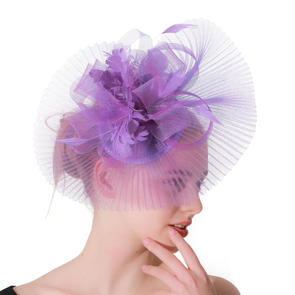 

Lavender Fascinators Base For Women Wedding Party Headbands Cocktail Hats Mesh Veil Hair Hoop Ornaments Bride Feather Hairpins