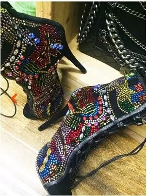 

Covered Comic Open Toe Booties Lace Up High Heels Summer Sandals Boots Multicolor Diamond Ladies Shoes