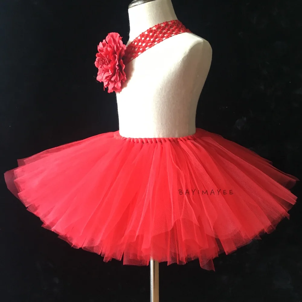 Hot Retail Girls Red Tutu Skirts Baby Handmade Fluffy Tulle Ballet Pettiskirt Dance Tutus with Flower Headband Kids Summer Skirt